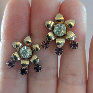 VTG white & purple rhinestone flower earrings